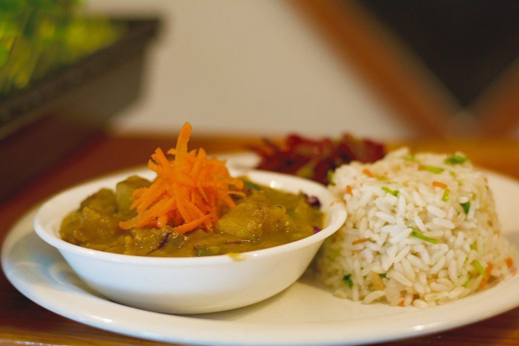 Potato Curry with Cilantro Rice and Beet Salad